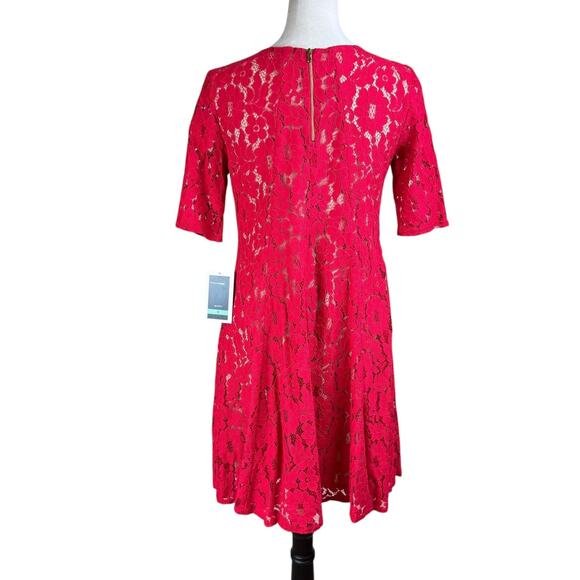 Julian Taylor NWT Red Floral Lace Sheer Nude Lining V-neck Trapeze Party Dress - Picture 4 of 14